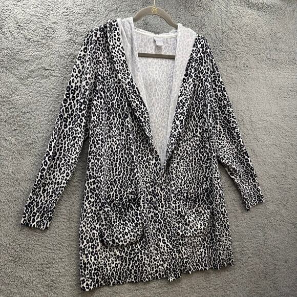 Chico's Size 2 Open Cardigan Black and White Cougar Pattern Hooded Front Pockets - Picture 2 of 9
